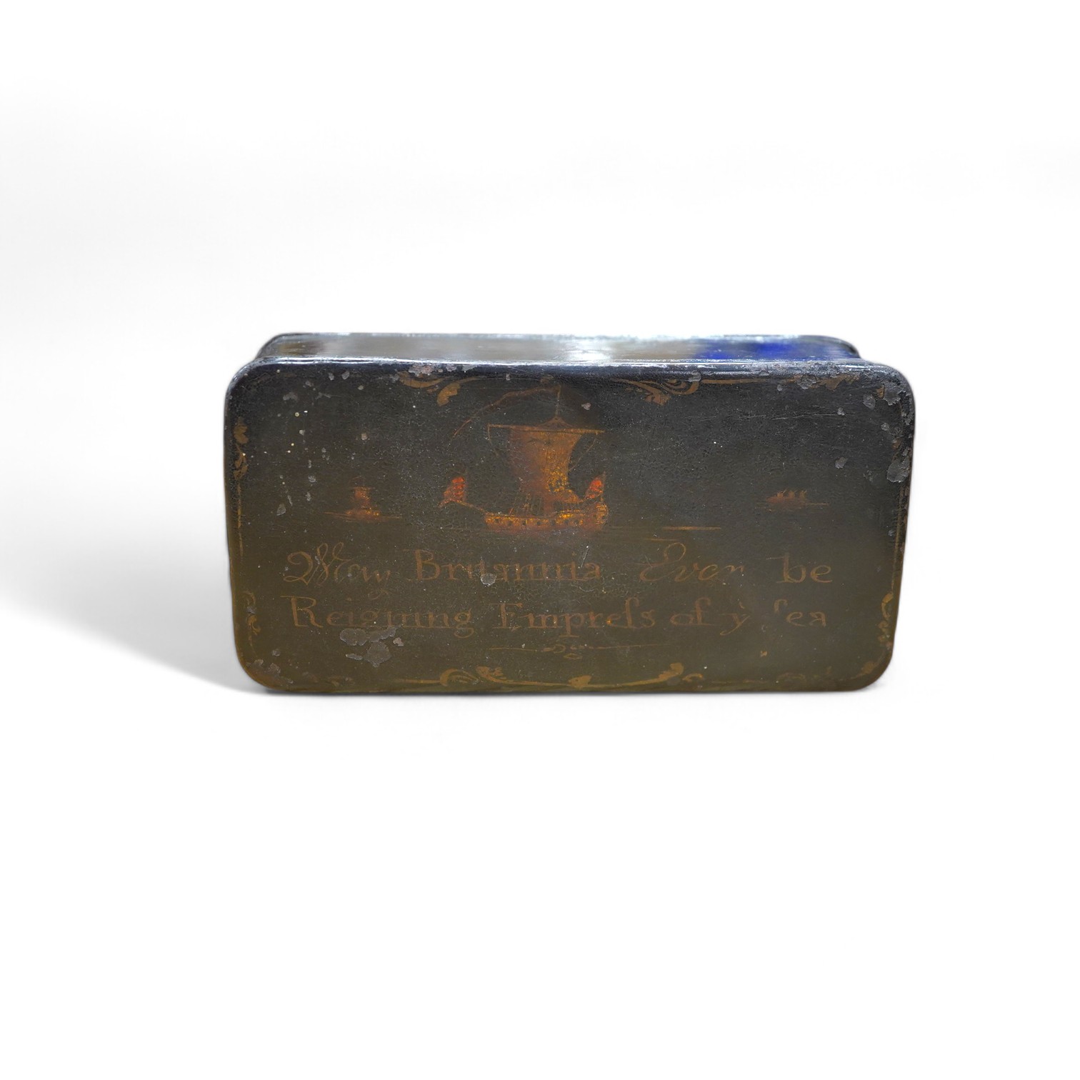 An early 19th century toleware box decorated with a ship and verse 'Britannia Ever be - Reigning Empress of Y' Sea', 13.5cm. Condition - fair